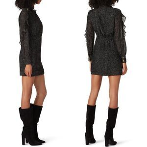 PINKO Mini Dress Women 2 Black Gray Dot Long Sleeve Ruffle Trim Viscose Silk